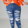 High Rise Cat Whiskers Washed Medium Blue Denim Frayed Hem Distressed Jeans - The Fashion Unicorn