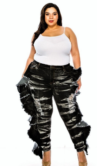 High Rise Black Heavy Washed Denim Jeans w/  Ruffled Sides - The Fashion Unicorn