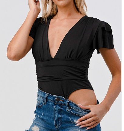 Ruffle Cap Sleeve Deep V-Neck Solid Stretchy Elastic Bodysuit - The Fashion Unicorn