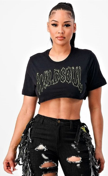 Short Sleeve Round Neck Green Wild Soul Black Crop Top - The Fashion Unicorn