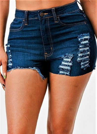 High Rise Dark Blue Washed Distressed Denim Shorts - The Fashion Unicorn