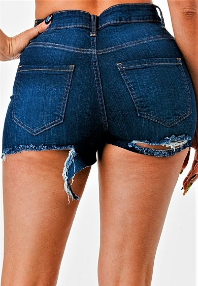 High Rise Dark Blue Washed Distressed Denim Shorts - The Fashion Unicorn