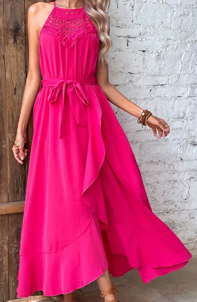Women's Solid Color Halter Neck Chiffon Maxi Dress - The Fashion Unicorn