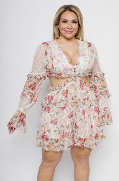 Curve Floral Cutout Waist Romper - The Fashion Unicorn