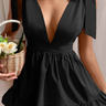 Solid Color Strap Shoulder Deep V Neck Ruffle Hem Dress - The Fashion Unicorn