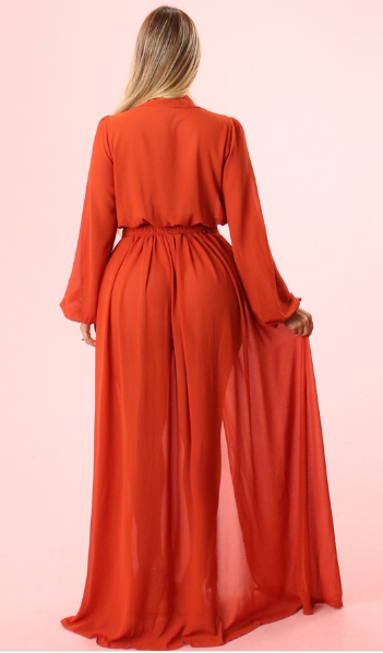 Rust Long Sleeve Maxi Dress With High Slit - The Fashion Unicorn