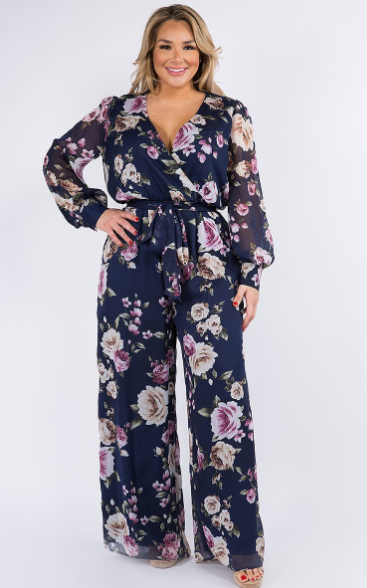Curve Floral Long Sleeve Jumpsuit - The Fashion Unicorn