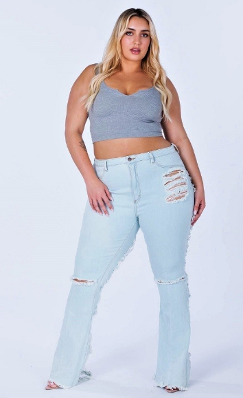 High Rise Light Denim Flare Jeans w/Distressed Back - The Fashion Unicorn