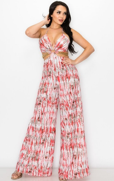 Multi-Printed Chain Waist Wide Leg Jumpsuit - The Fashion Unicorn