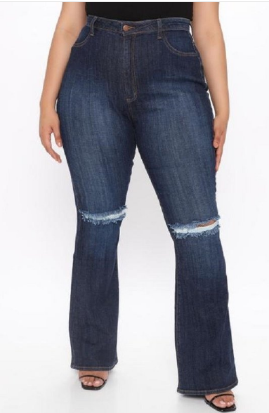 High Rise w/ Knees Sliced Dark Blue Denim Flare Jeans - The Fashion Unicorn