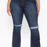 High Rise w/ Knees Sliced Dark Blue Denim Flare Jeans - The Fashion Unicorn