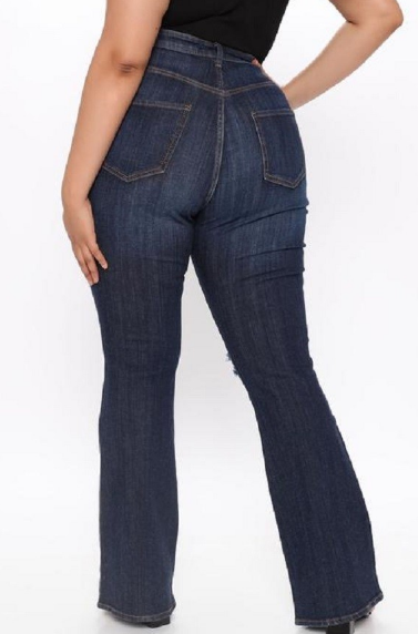 High Rise w/ Knees Sliced Dark Blue Denim Flare Jeans - The Fashion Unicorn