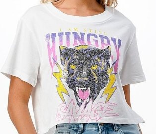 Short Sleeve Round Neck Hungry Savage Printed White Crop Top - The Fashion Unicorn
