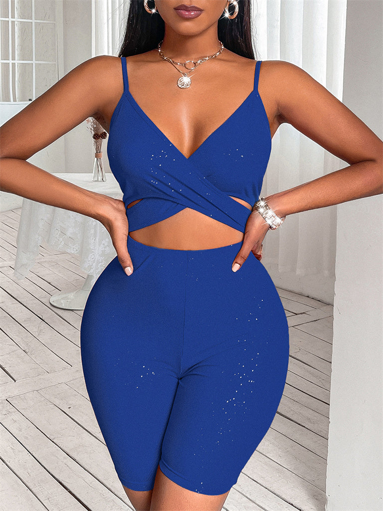 Women's Solid Color Yoga-ready Crossover Crop Cutout Jumpsuit Short Tights - The Fashion Unicorn