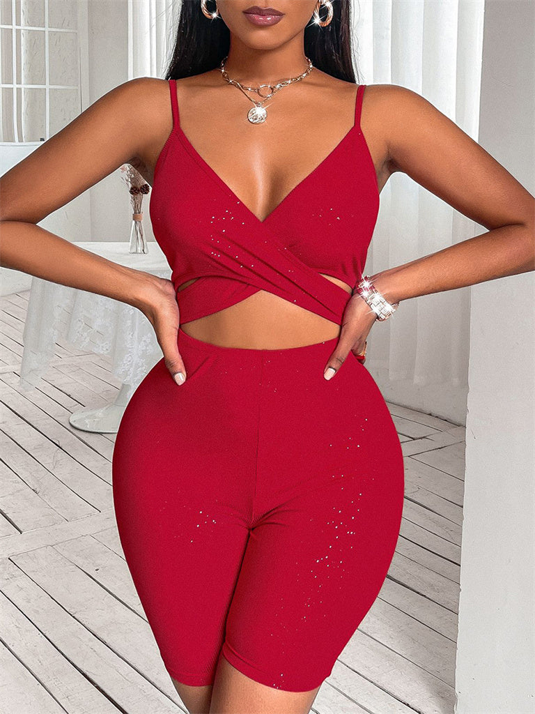 Women's Solid Color Yoga-ready Crossover Crop Cutout Jumpsuit Short Tights - The Fashion Unicorn