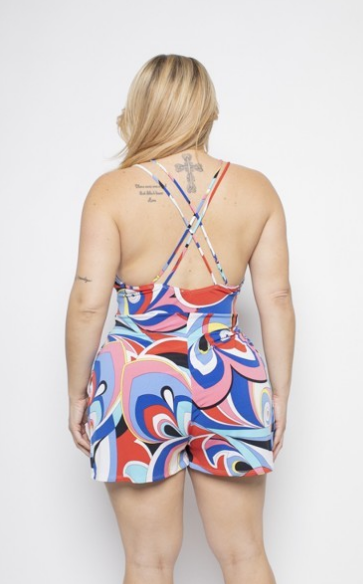 Curve Geo Print Surplice Cross Back Romper - The Fashion Unicorn