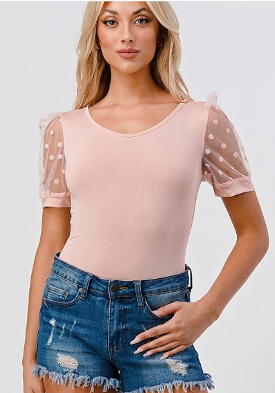 Pink Bodysuit with Sheer Polka Dot Sleeve - The Fashion Unicorn