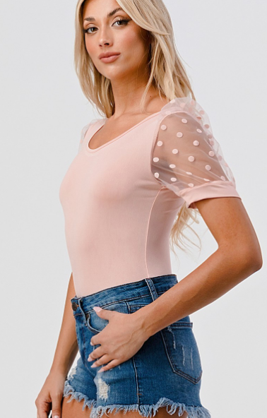 Pink Bodysuit with Sheer Polka Dot Sleeve - The Fashion Unicorn