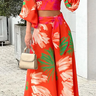 Women's Printed V-Neck Lantern Sleeve Short Shirt, High Waist Wide-leg Pants Two Piece Set - The Fashion Unicorn