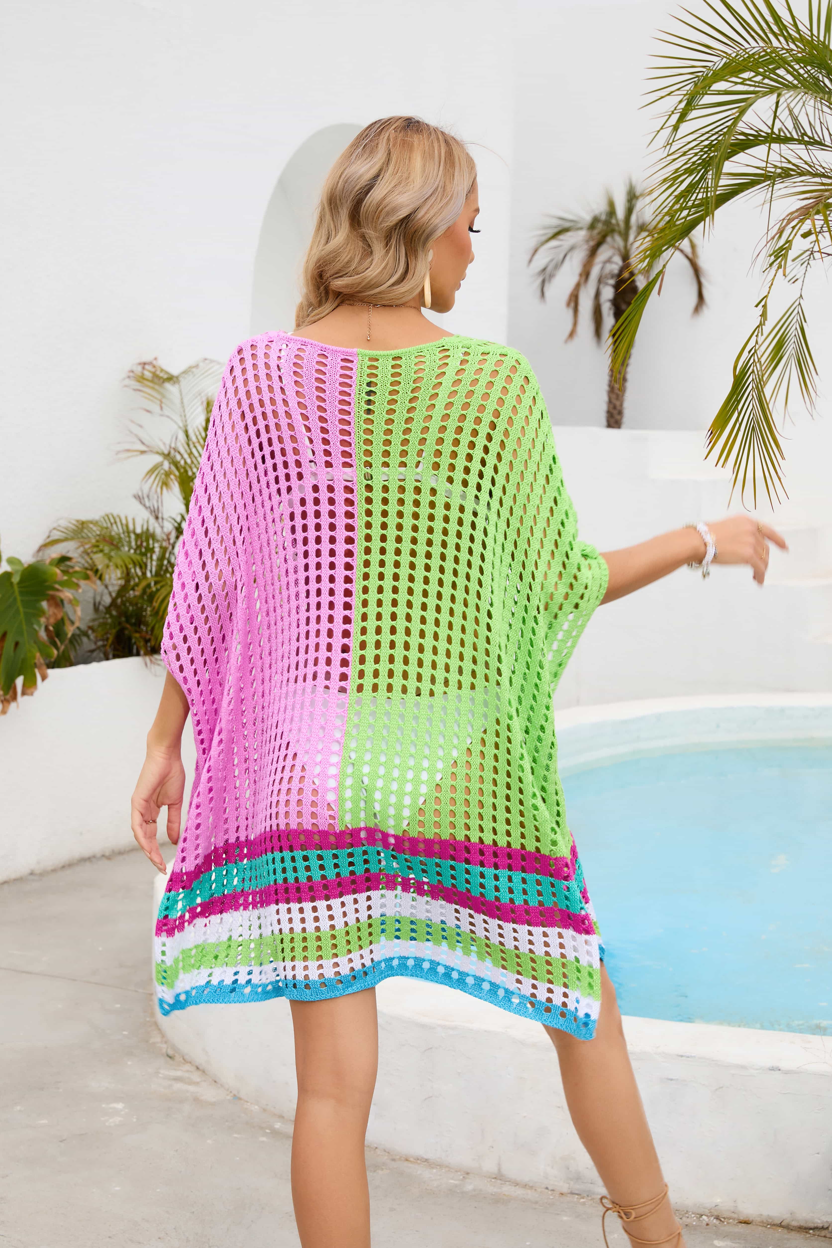 Contrast Scoop Neck Openwork Half Sleeve Cover Up - The Fashion Unicorn