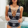 Geometric Lace-Up One-Piece Swimsuit - The Fashion Unicorn