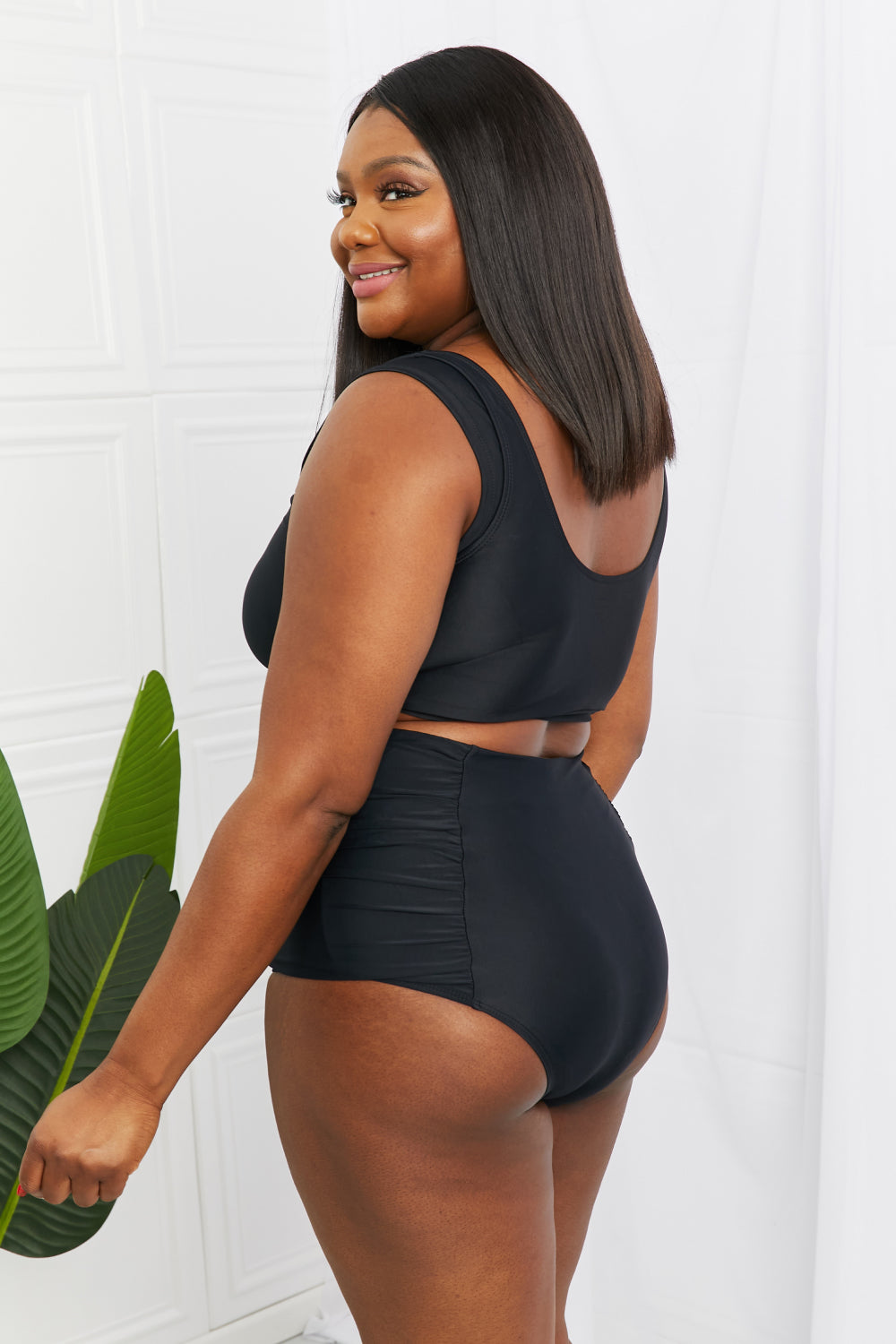 Marina West Swim Sanibel Crop Swim Top and Ruched Bottoms Set in Black - The Fashion Unicorn