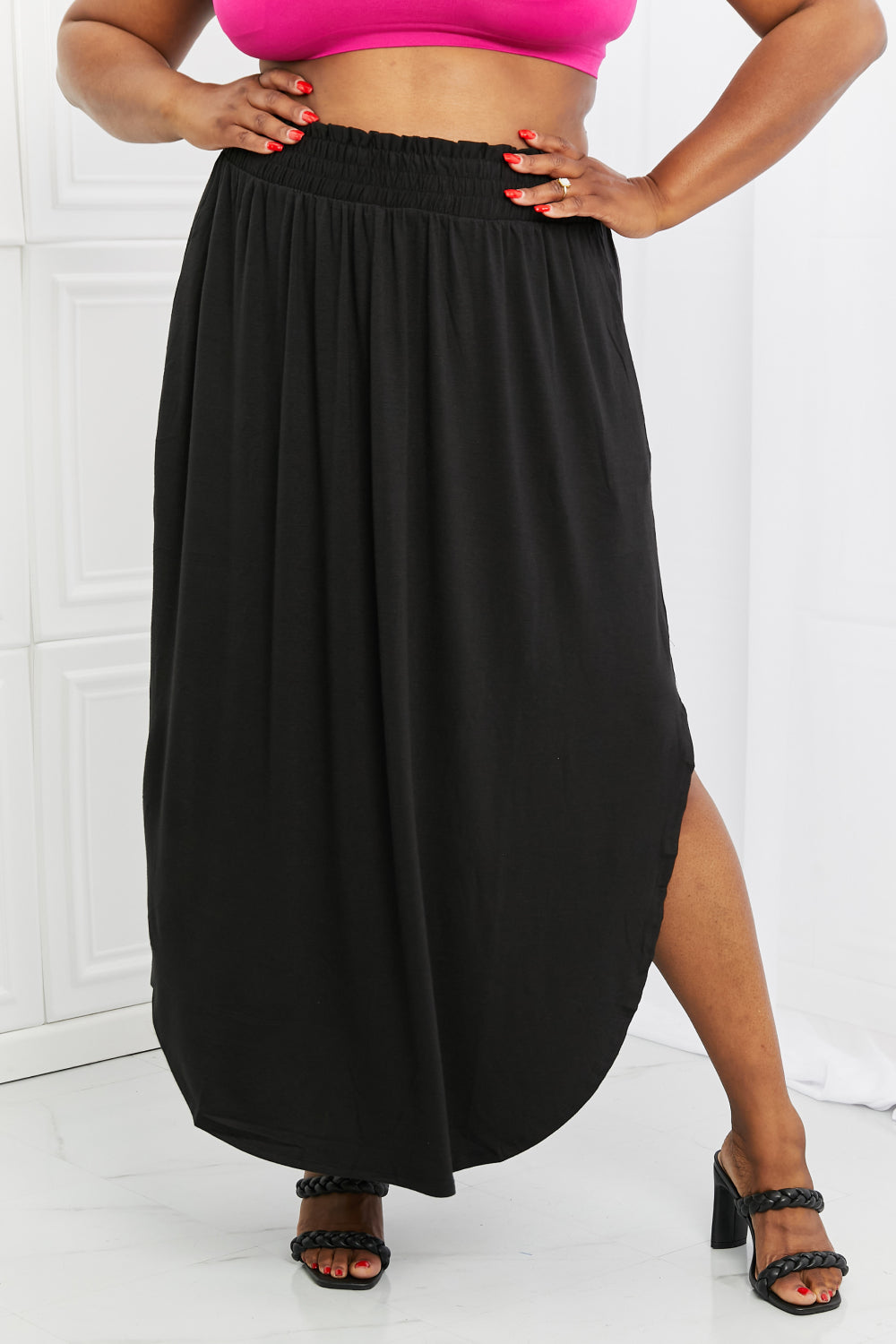 Zenana It's My Time Full Size Side Scoop Scrunch Skirt in Black - The Fashion Unicorn
