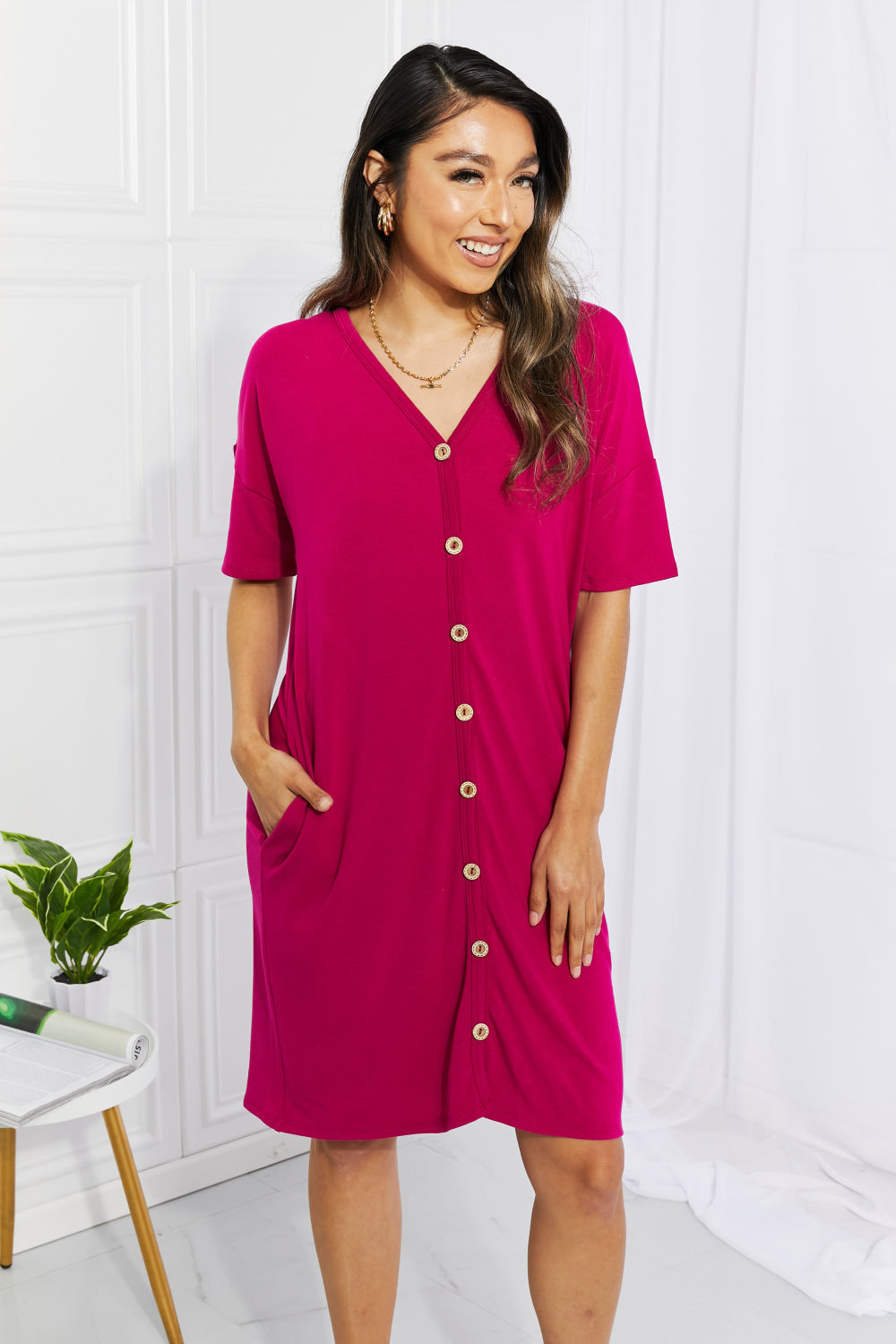 BOMBOM Sunday Brunch Button Down Midi Dress in Magenta - The Fashion Unicorn