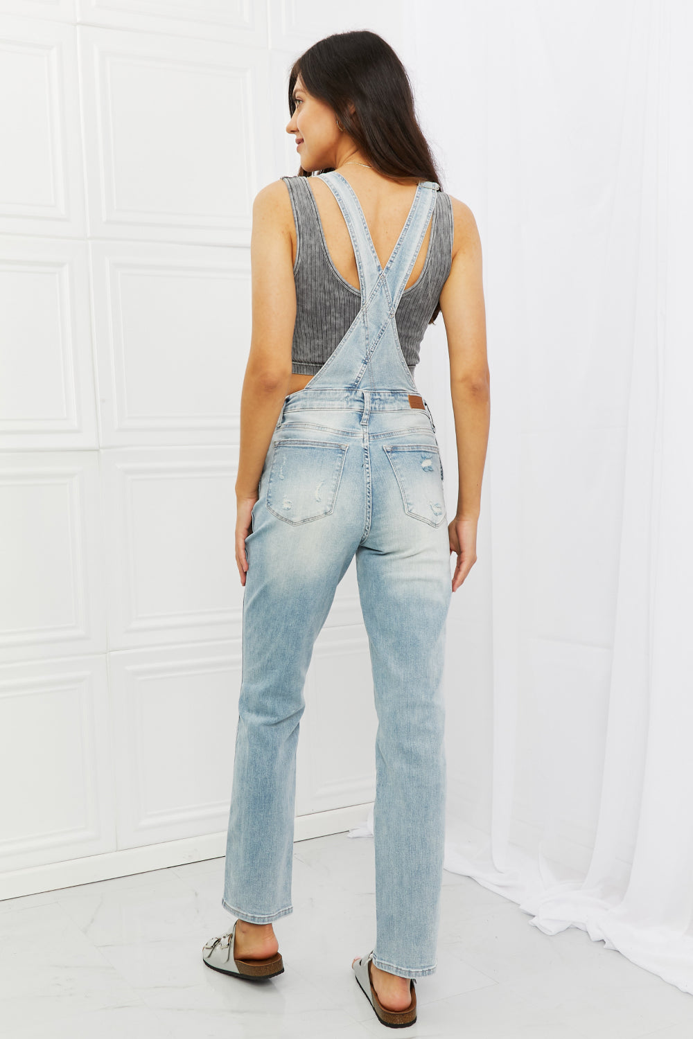 Judy Blue Melina Full Size Distressed Straight Leg Overalls - The Fashion Unicorn