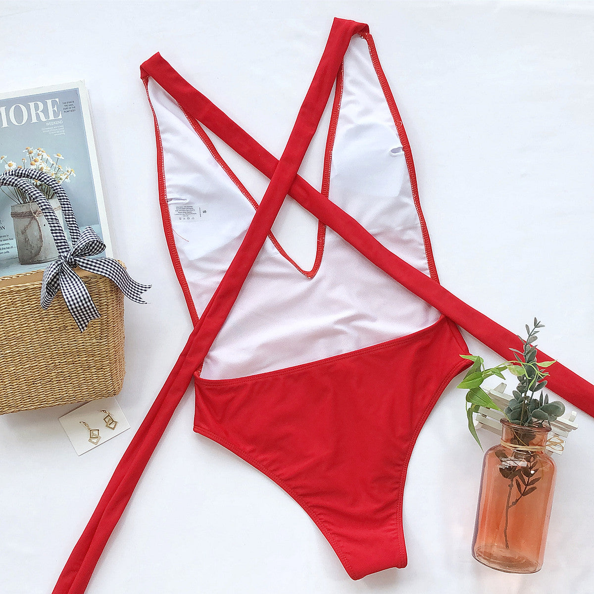 Halter Neck Deep V Tied One-Piece Swimsuit - The Fashion Unicorn