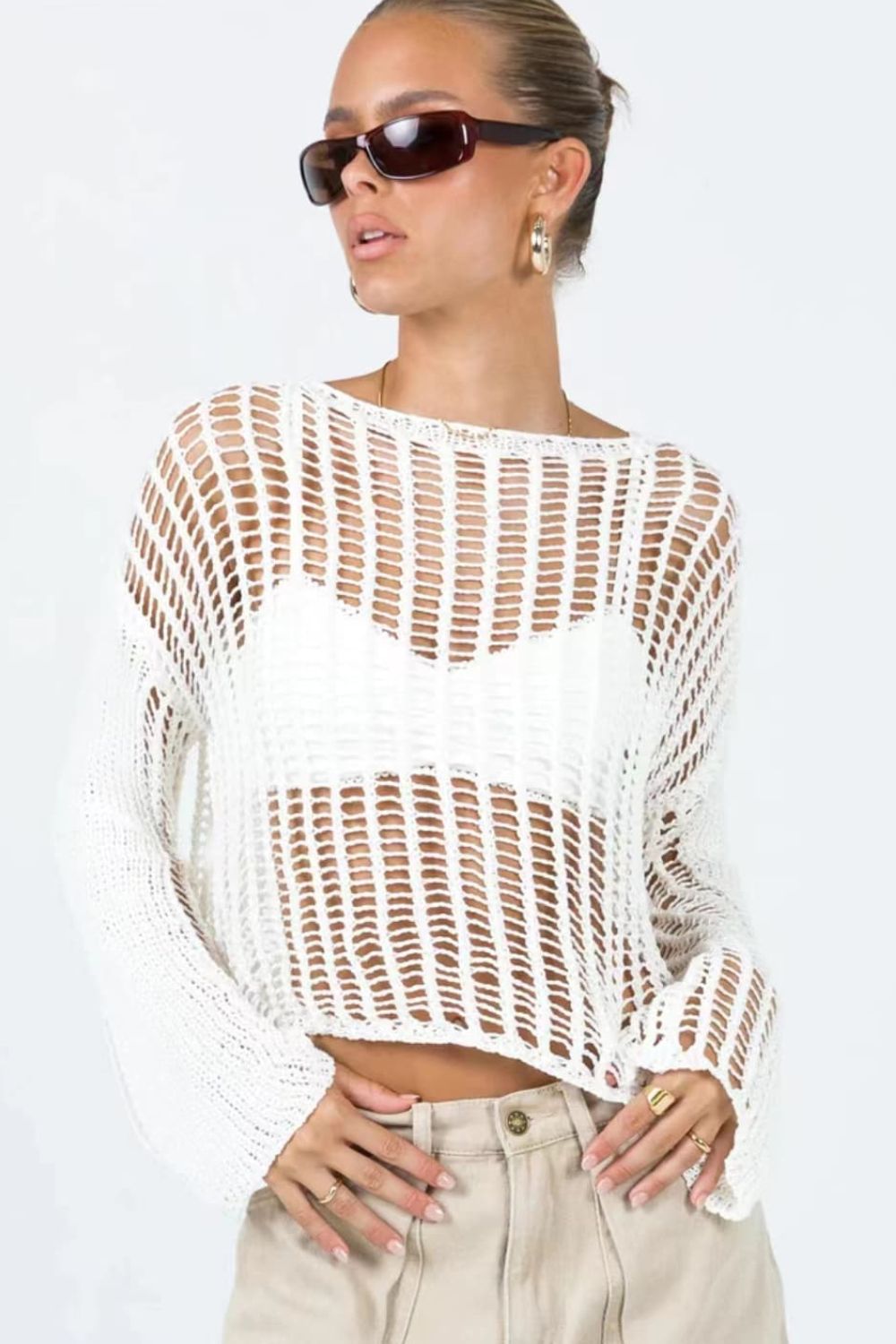 Openwork Boat Neck Long Sleeve Cover Up - The Fashion Unicorn