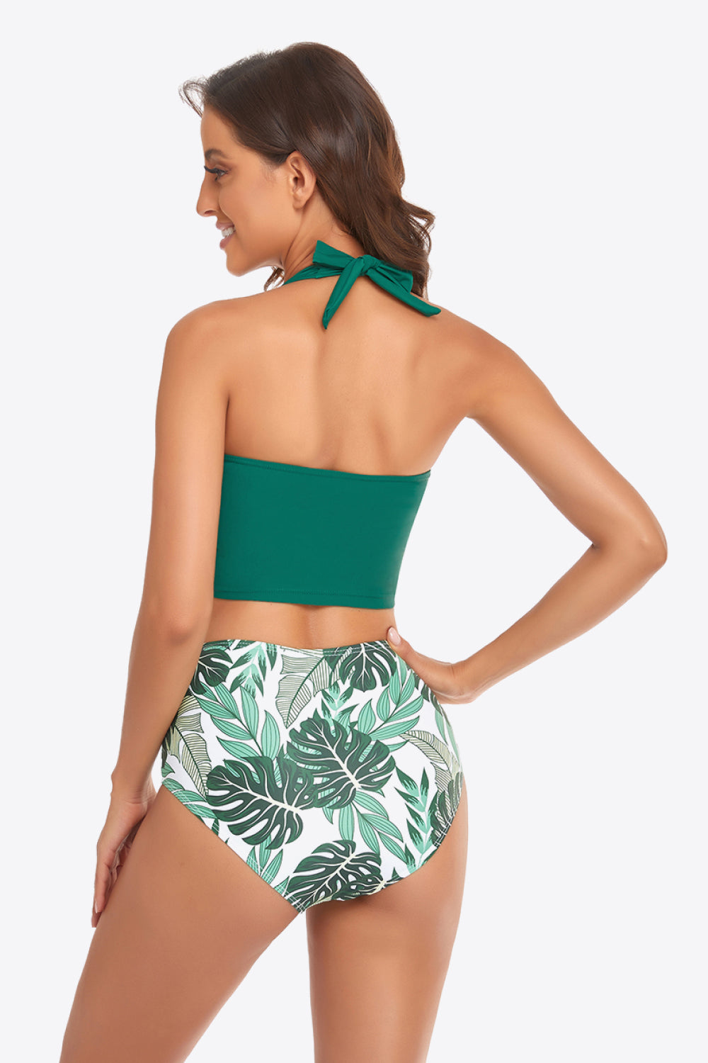 Botanical Print Halter Neck Drawstring Detail Bikini Set - The Fashion Unicorn