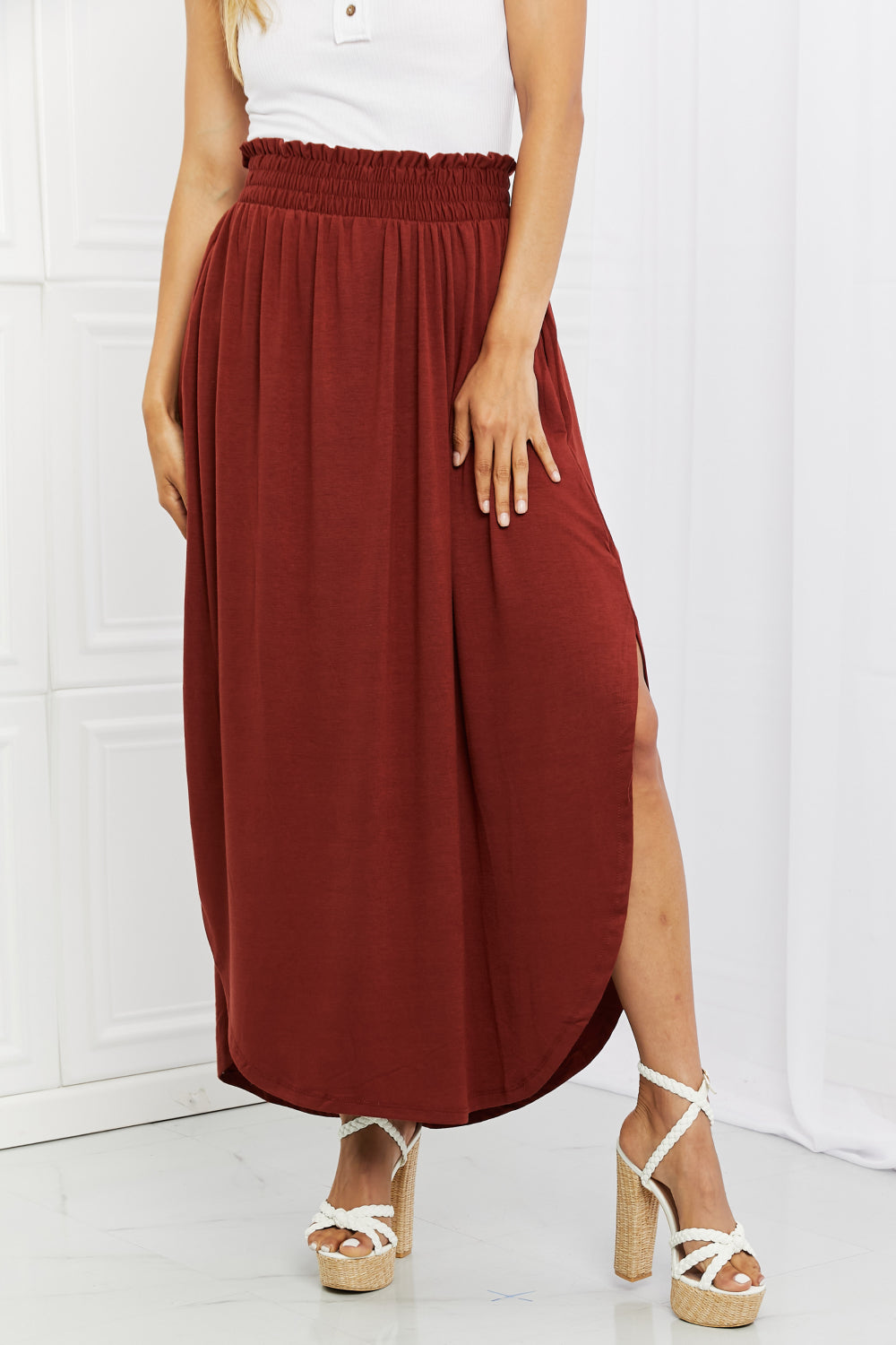 Zenana It's My Time Full Size Side Scoop Scrunch Skirt in Dark Rust - The Fashion Unicorn