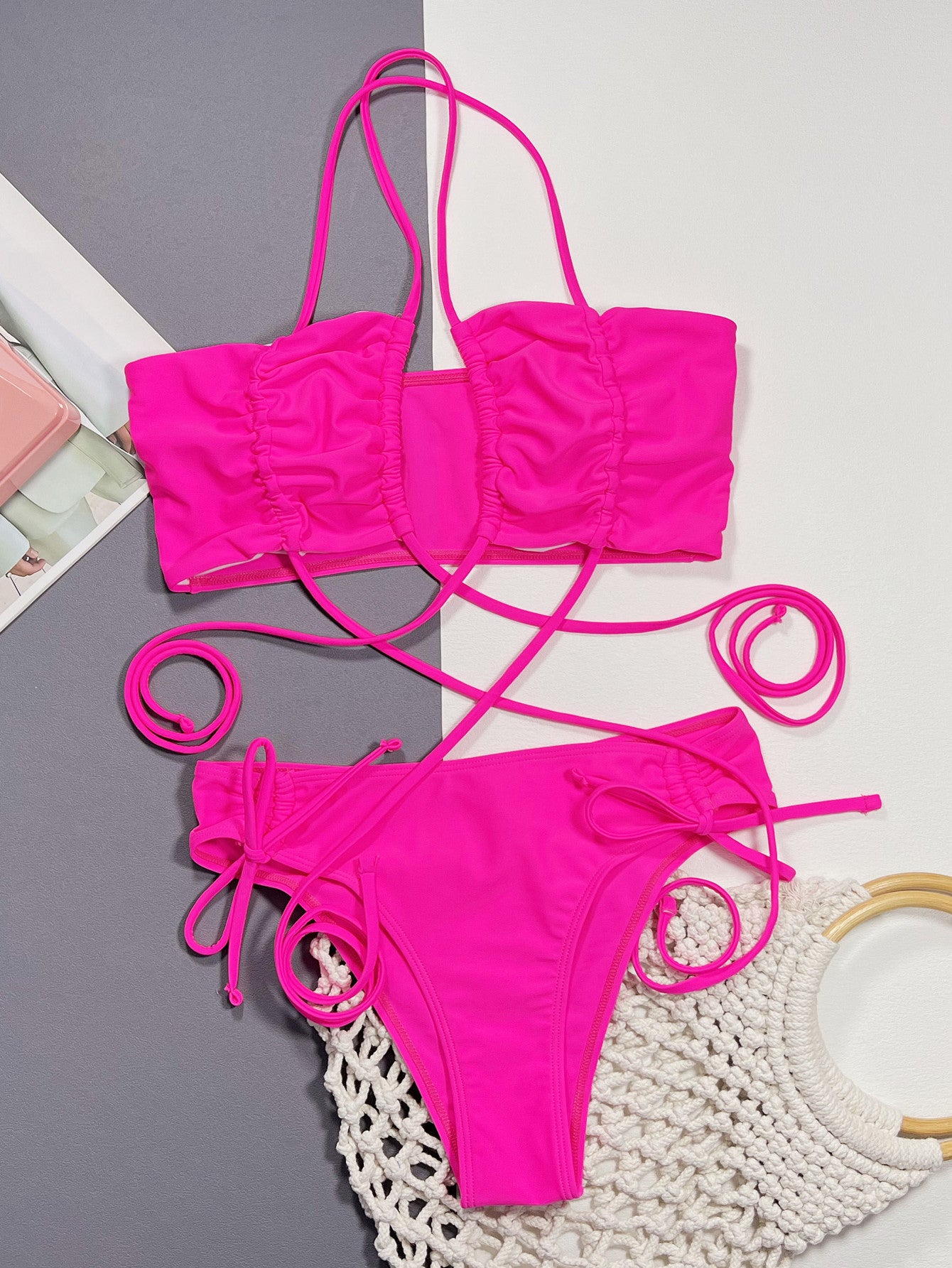 Halter Neck Drawstring Detail Bikini Set - The Fashion Unicorn