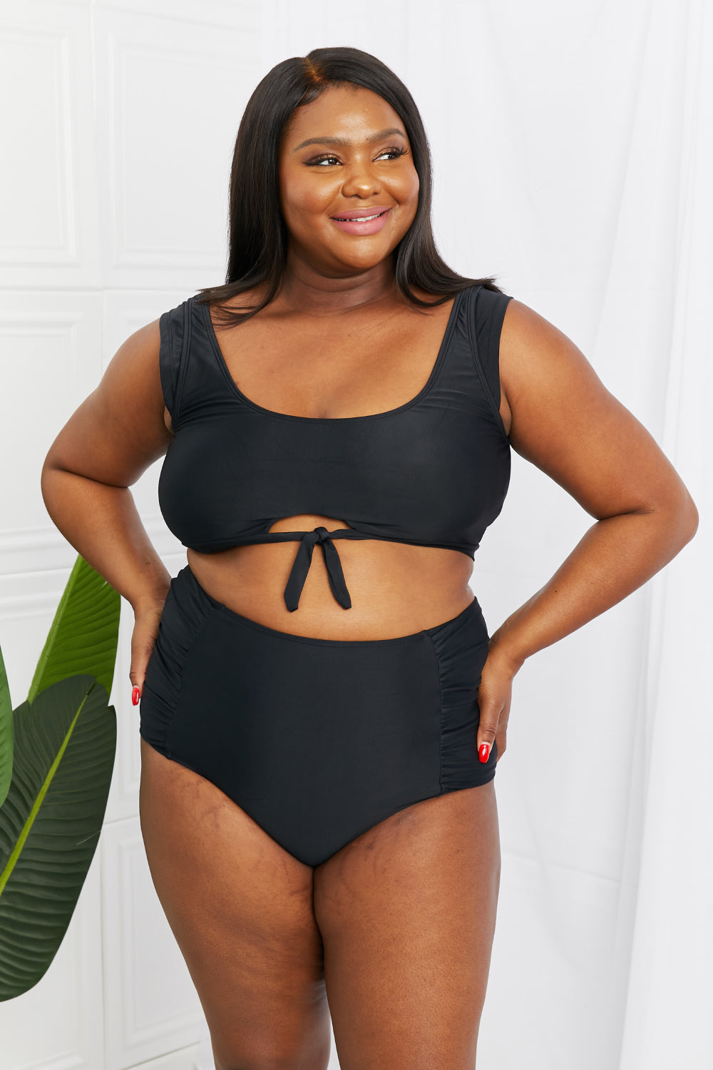 Marina West Swim Sanibel Crop Swim Top and Ruched Bottoms Set in Black - The Fashion Unicorn