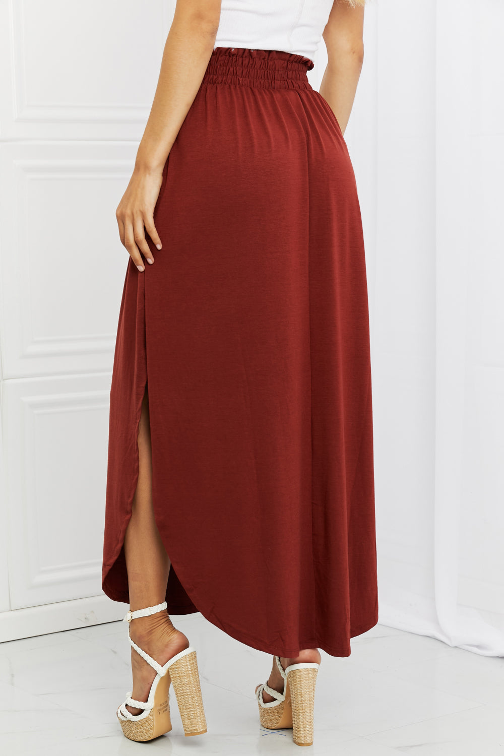 Zenana It's My Time Full Size Side Scoop Scrunch Skirt in Dark Rust - The Fashion Unicorn