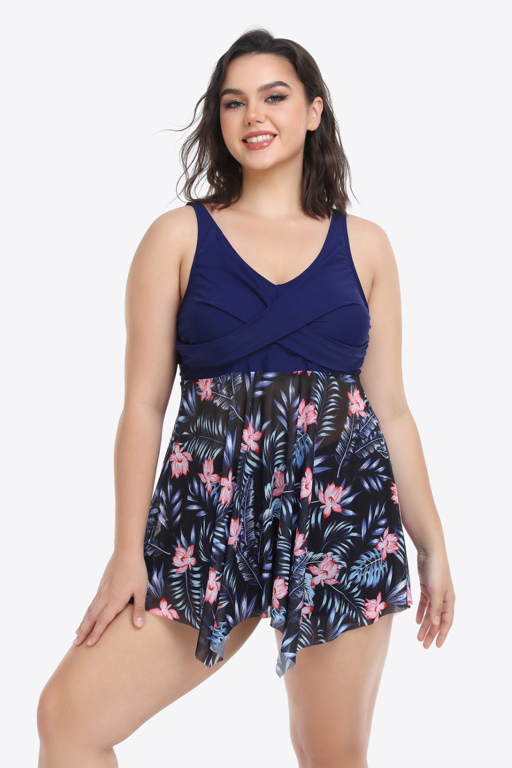 Plus Size Floral Two-Tone Asymmetrical Hem Two-Piece Swimsuit - The Fashion Unicorn