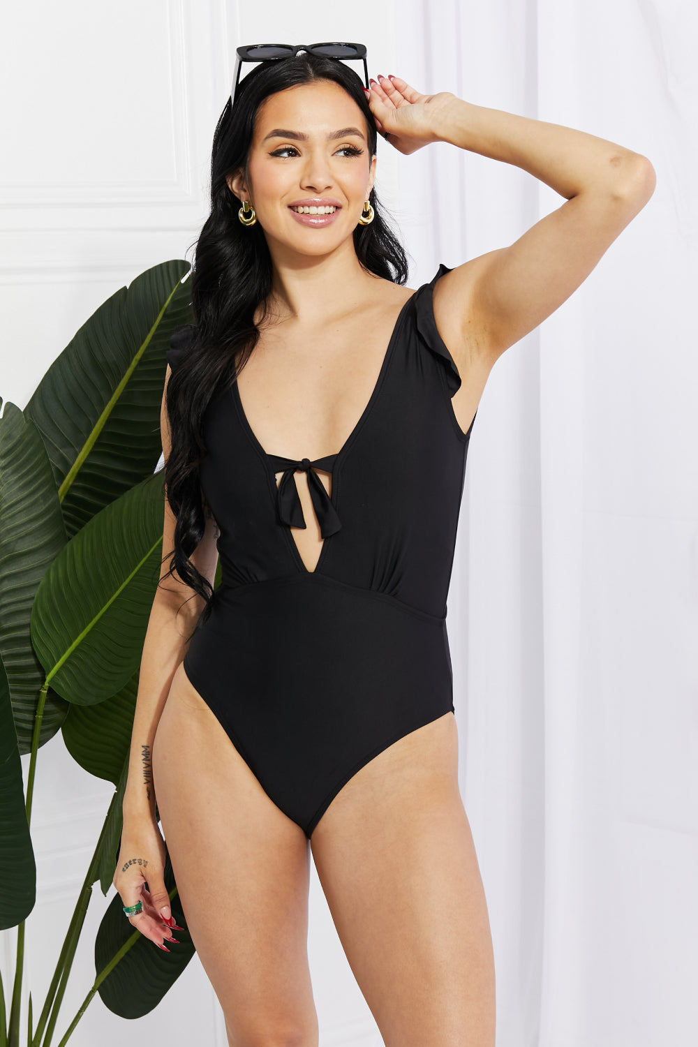 Marina West Swim Seashell Ruffle Sleeve One-Piece in Black - The Fashion Unicorn