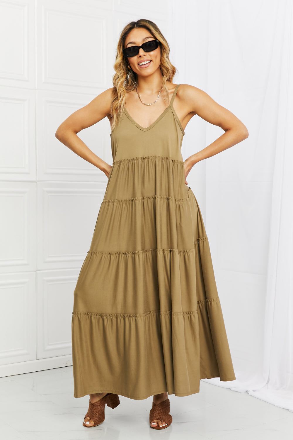 Zenana Full Size Spaghetti Strap Tiered Dress with Pockets in Khaki - The Fashion Unicorn