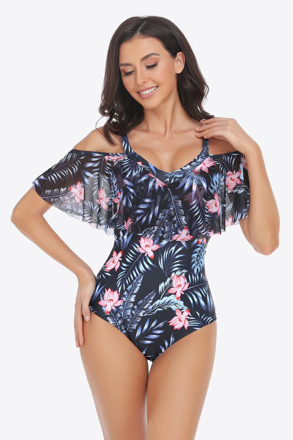 Botanical Print Cold-Shoulder Layered One-Piece Swimsuit - The Fashion Unicorn