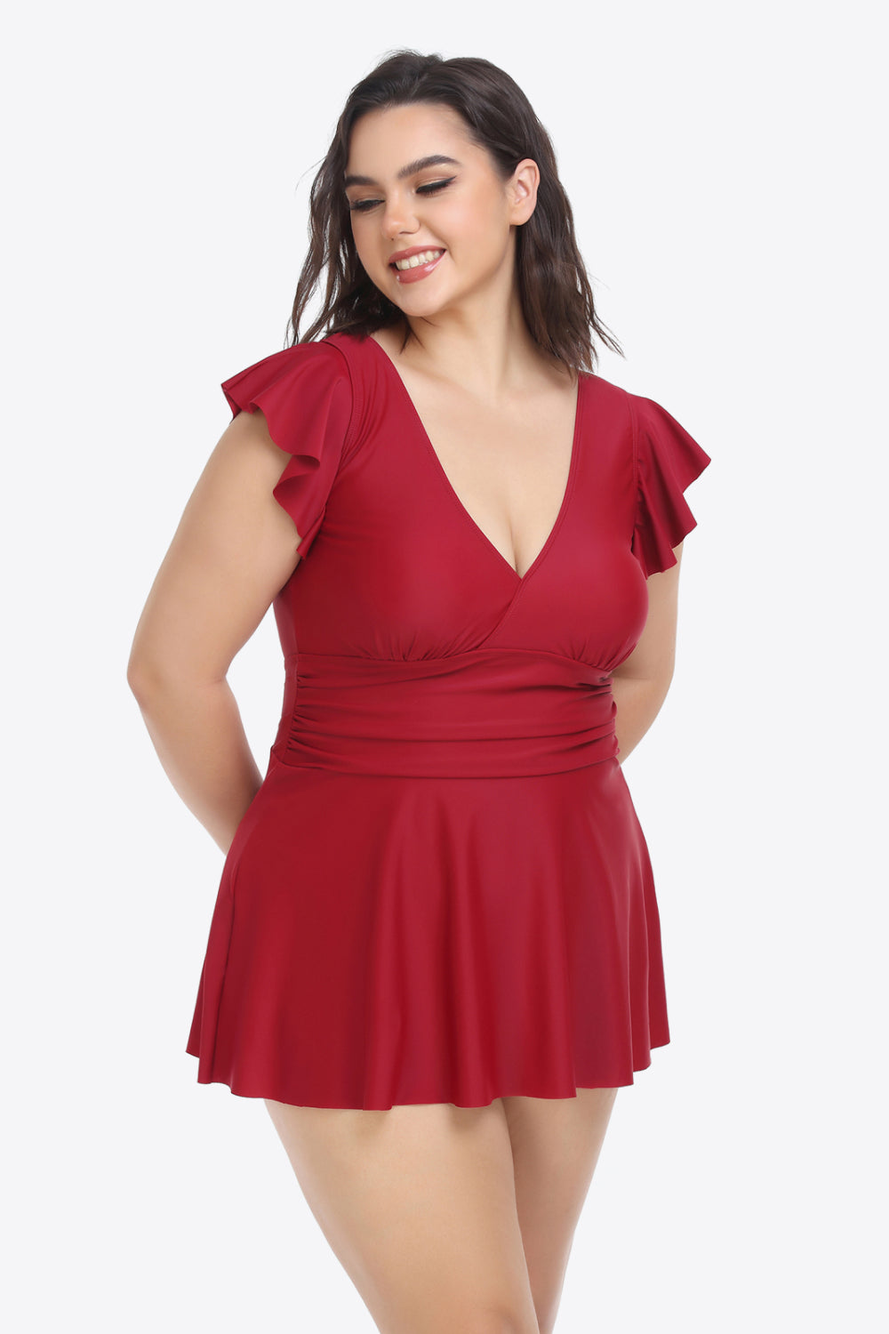 Plus Size Ruffled Plunge Swim Dress and Bottoms Set - The Fashion Unicorn